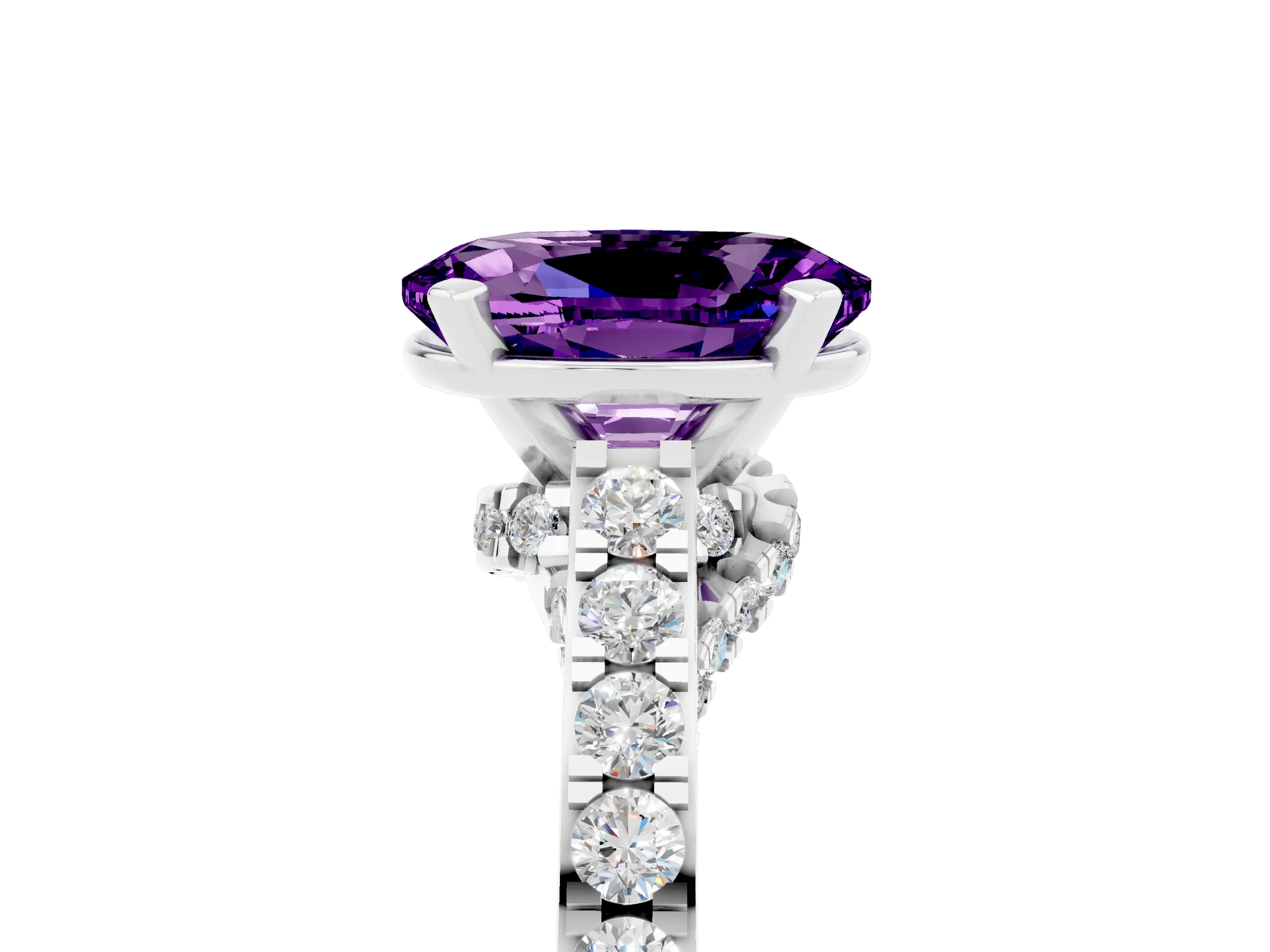White gold Oval Cut Diamond Solitaire Ring with Pavé Band and Prong Setting_5