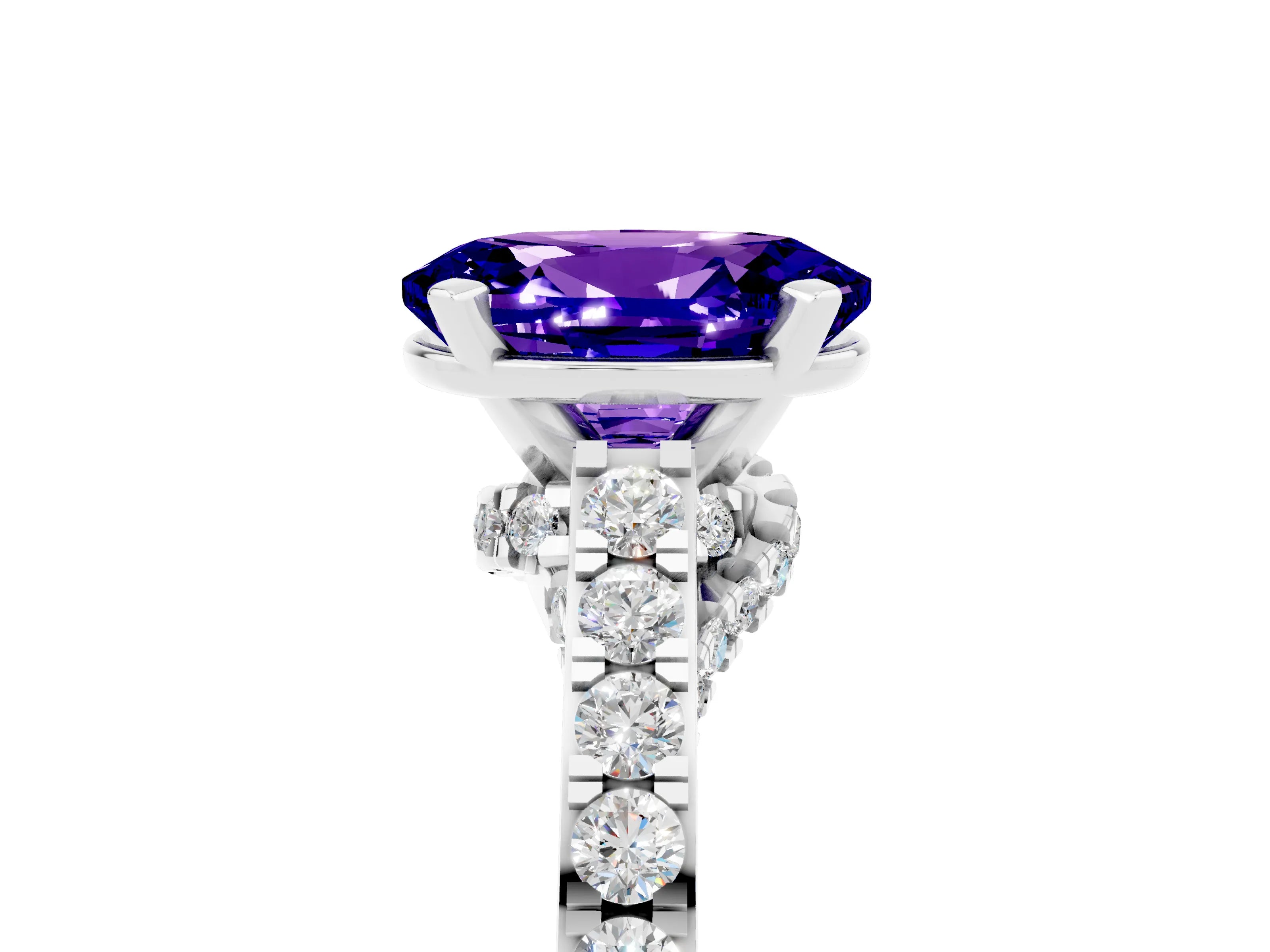 White gold Oval Cut Diamond Solitaire Ring with Pavé Band and Prong Setting_5
