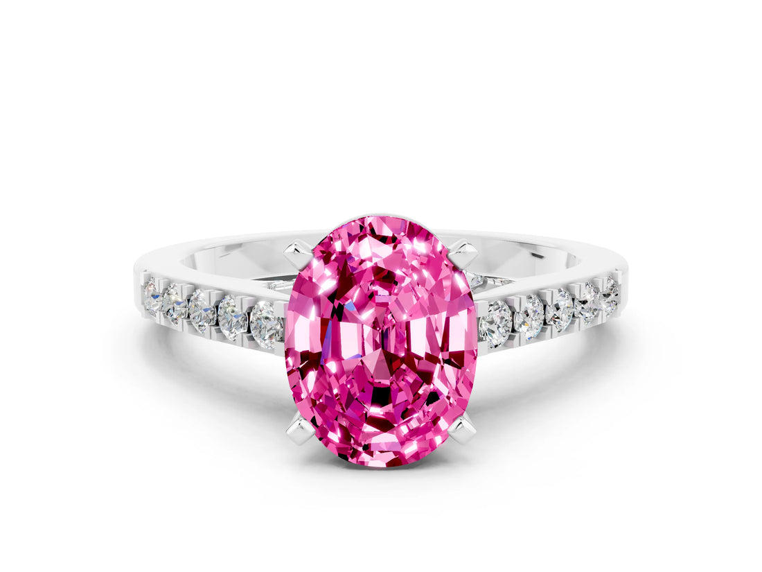 White gold Oval Cut Diamond Solitaire Ring with Pavé Band and Prong Setting