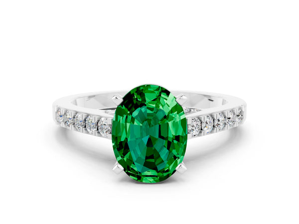 White gold Oval Cut Emerald Solitaire Ring with Crossover Gallery and Round  Pavé Band