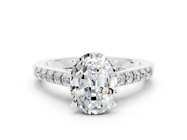 Platinum Oval Cut Moissanite Solitaire Ring with Crossover Gallery and Round  Pavé Band
