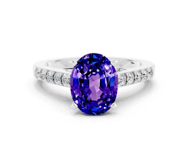 Silver Oval Cut Tanzanite Solitaire Ring with Crossover Gallery and Round  Pavé Band