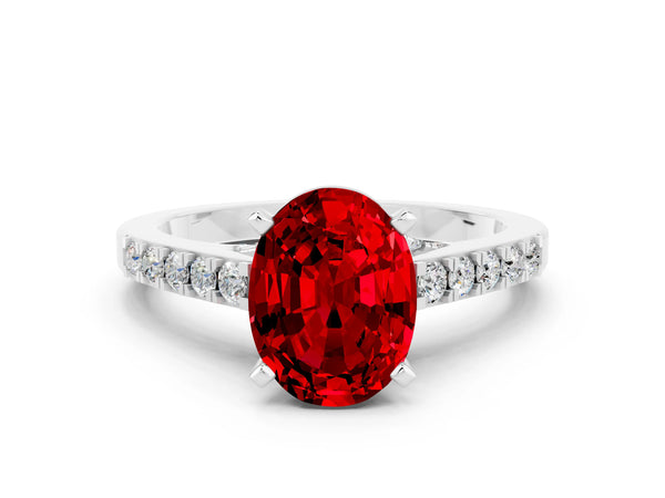 Silver Oval Cut Ruby Solitaire Ring with Crossover Gallery and Round  Pavé Band