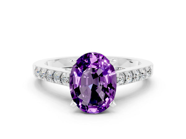 White gold Oval Cut Amethyst Solitaire Ring with Crossover Gallery and Round  Pavé Band