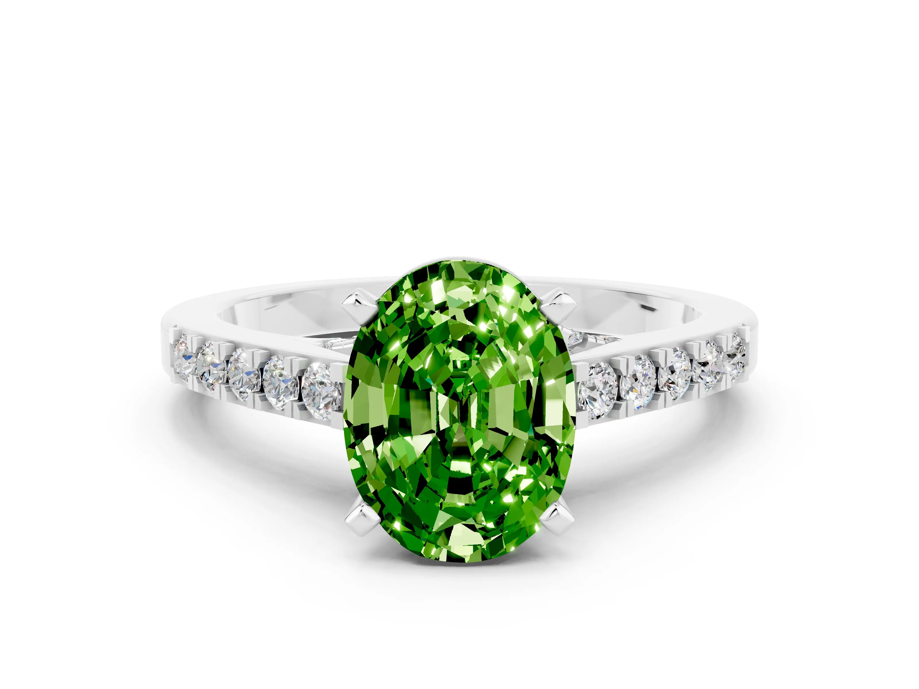 White gold Oval Cut Diamond Solitaire Ring with Pavé Band and Prong Setting