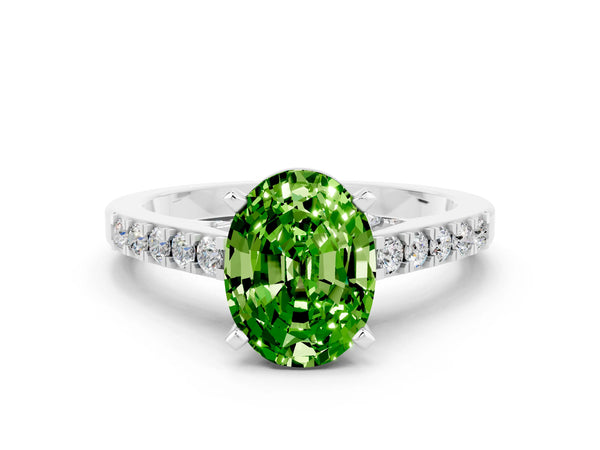 Silver Oval Cut Peridot Solitaire Ring with Crossover Gallery and Round  Pavé Band