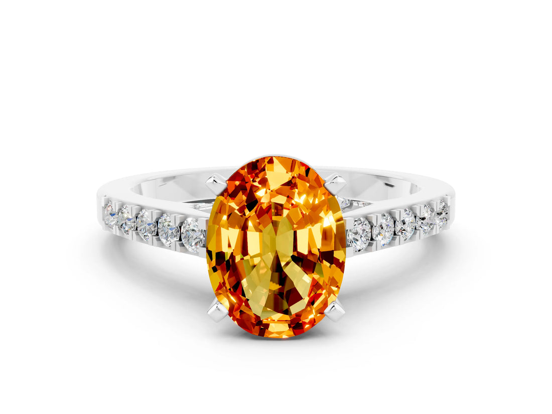 White gold Oval Cut Diamond Solitaire Ring with Pavé Band and Prong Setting