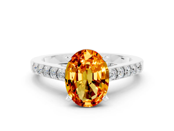 Platinum Oval Cut Citrine Solitaire Ring with Crossover Gallery and Round  Pavé Band