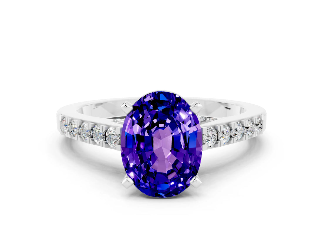 White gold Oval Cut Diamond Solitaire Ring with Pavé Band and Prong Setting