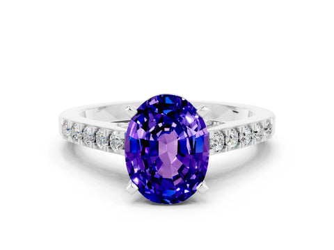 White gold Oval Cut Diamond Solitaire Ring with Pavé Band and Prong Setting