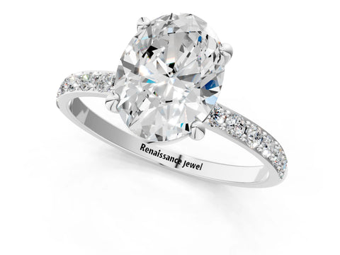 Silver 3.01 Carat F VS1 Round Diamond Solitaire Ring with Round  Pavé Band and Prong Setting