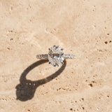 14K White Gold 1.56 Carat F VS1 Oval Diamond Solitaire Ring with Round Pavé Band and Prong Setting
