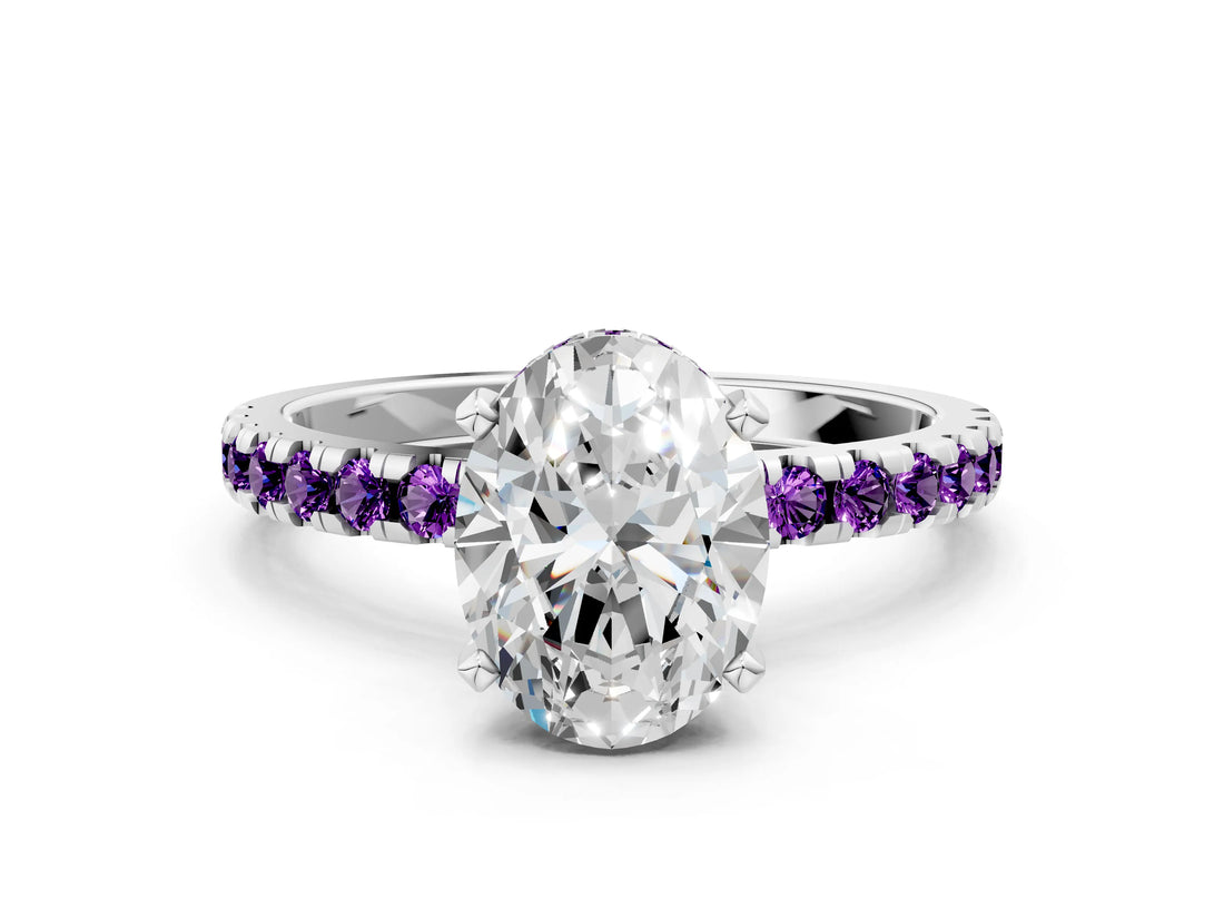 White gold Oval Cut Diamond Solitaire Ring with Round with Amethyst side stone Pavé Band and Four-Prong Setting_12
