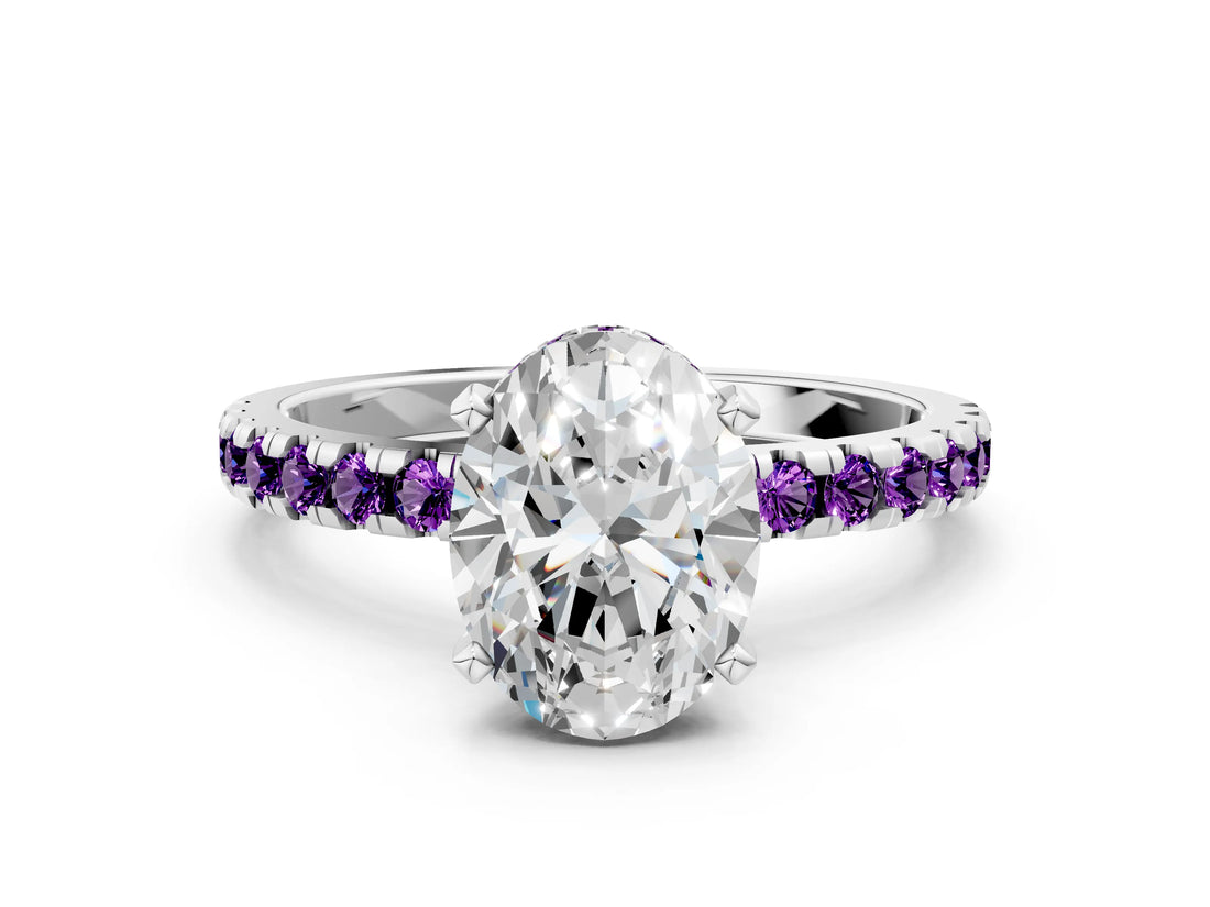 White gold Oval Cut Diamond Solitaire Ring with Round with Amethyst side stone Pavé Band and Four-Prong Setting_36