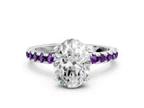 White gold Oval Cut Diamond Solitaire Ring with Round with Amethyst side stone Pavé Band and Four-Prong Setting