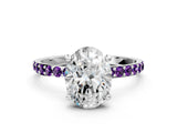 White gold Oval Cut Diamond Solitaire Ring with Round with Amethyst side stone Pavé Band and Prong Setting