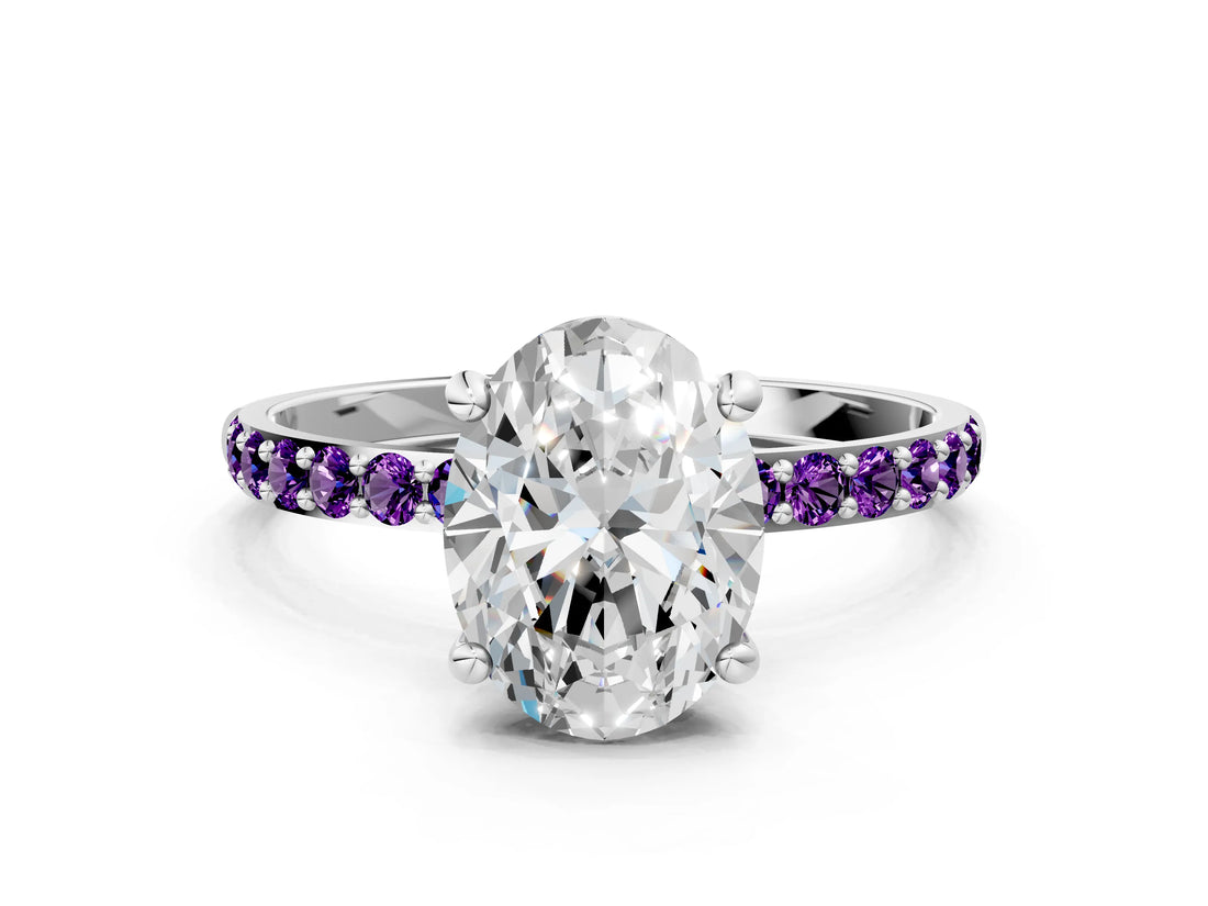 White gold Oval Cut Diamond Solitaire Ring with Round with Amethyst side stone Pavé Band and Prong Setting