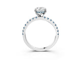 White gold Oval Cut Diamond Solitaire Ring with Round with Aquamarine side stone Pavé Band and Four-Prong Setting_3