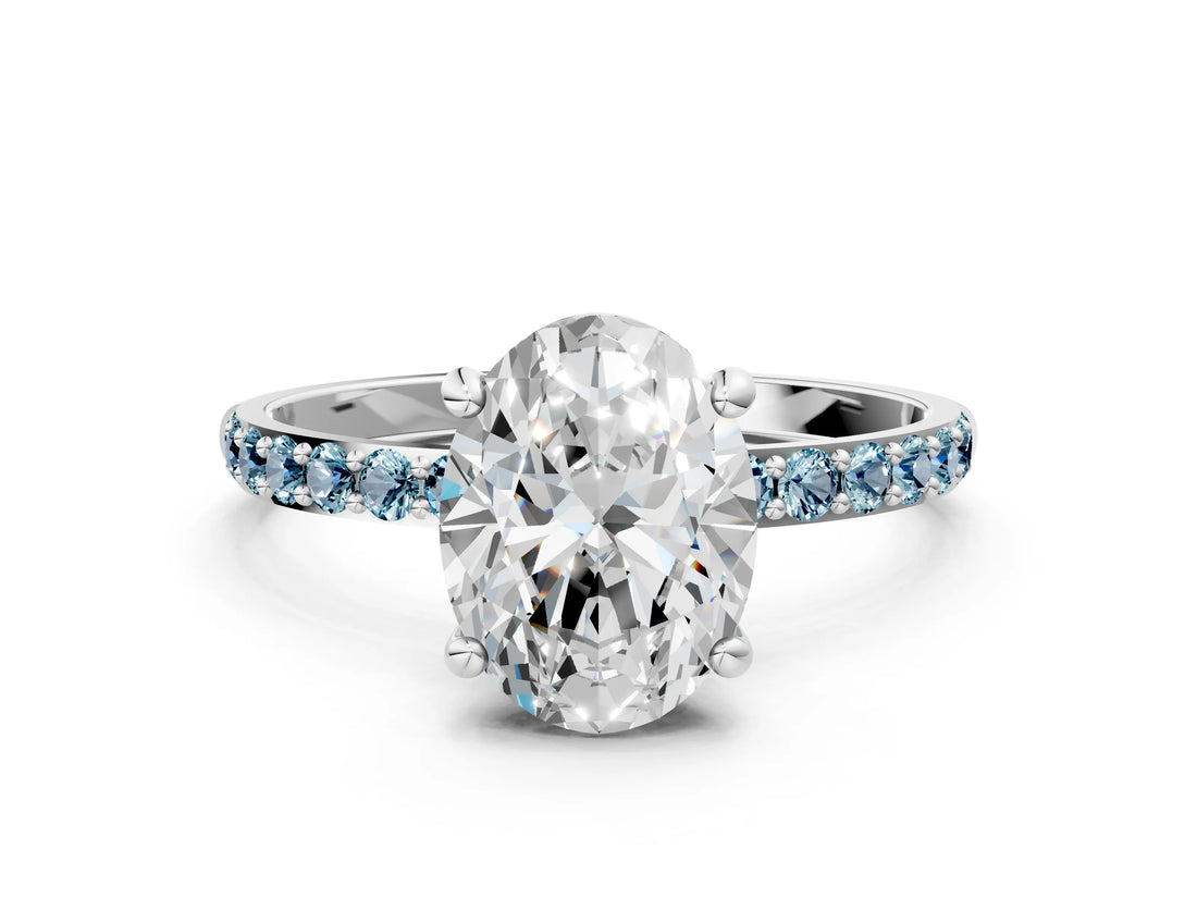 White gold Oval Cut Diamond Solitaire Ring with Round with Aquamarine side stone Pavé Band and Prong Setting_36