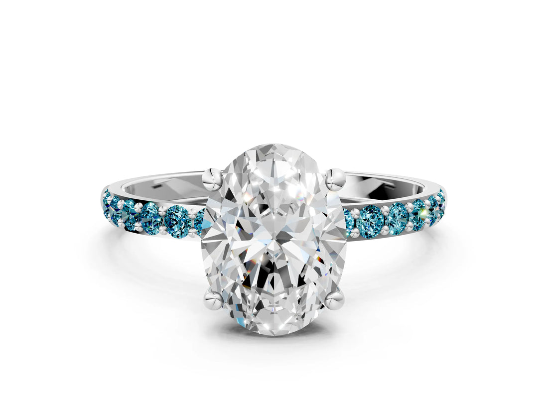 White gold Oval Cut Diamond Solitaire Ring with Round with Blue Topaz side stone Pavé Band and Prong Setting_24