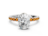 White gold Oval Cut Diamond Solitaire Ring with Round with Citrine side stone Pavé Band and Four-Prong Setting