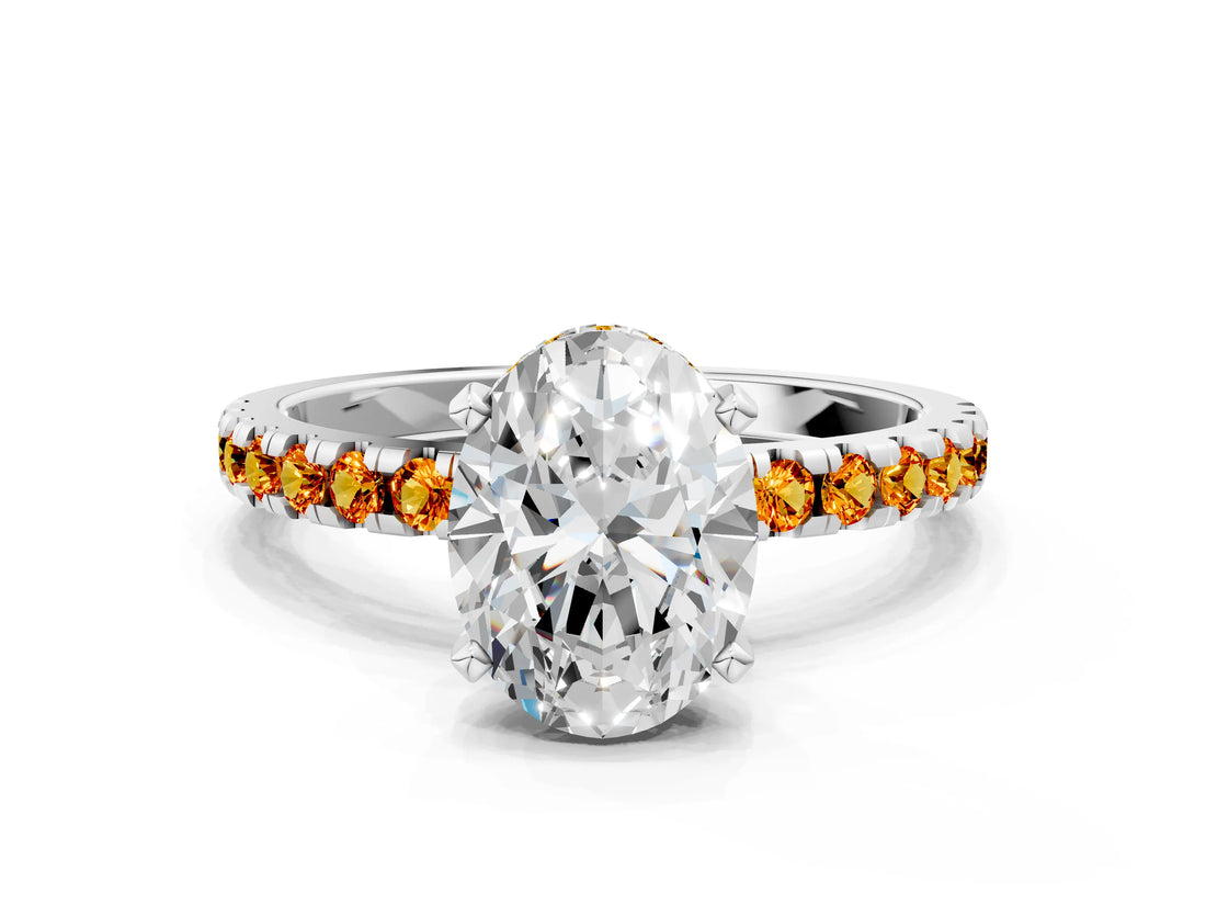 White gold Oval Cut Diamond Solitaire Ring with Round with Citrine side stone Pavé Band and Four-Prong Setting