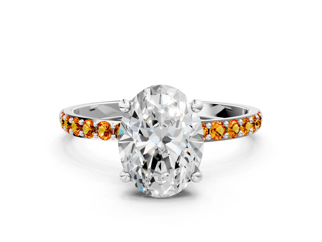 White gold Oval Cut Diamond Solitaire Ring with Round with Citrine side stone Pavé Band and Prong Setting