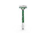 White gold Oval Cut Diamond Solitaire Ring with Round with Emerald side stone Pavé Band and Four-Prong Setting_2