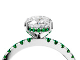 White gold Oval Cut Diamond Solitaire Ring with Round with Emerald side stone Pavé Band and Four-Prong Setting_4