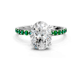 White gold Oval Cut Diamond Solitaire Ring with Round with Emerald side stone Pavé Band and Prong Setting_12
