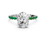 White gold Oval Cut Diamond Solitaire Ring with Round with Emerald side stone Pavé Band and Prong Setting_23