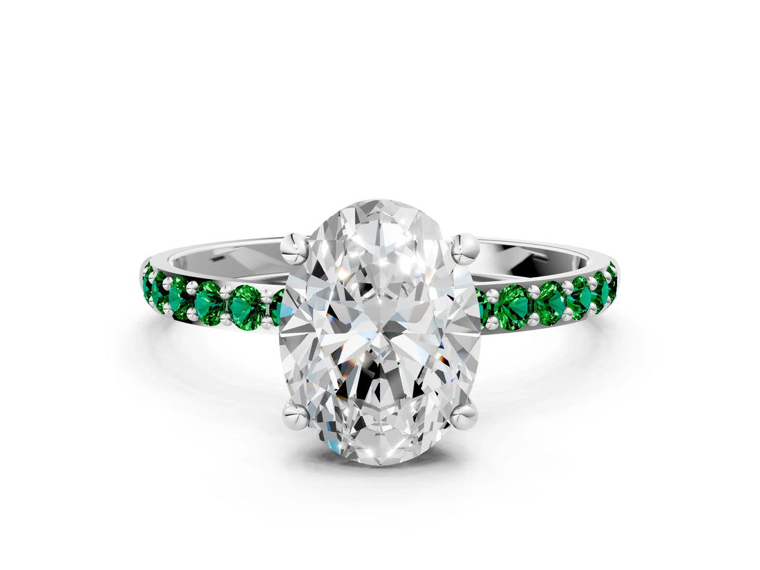White gold Oval Cut Diamond Solitaire Ring with Round with Emerald side stone Pavé Band and Prong Setting_30