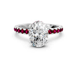 White gold Oval Cut Diamond Solitaire Ring with Round with Garnet side stone Pavé Band and Four-Prong Setting