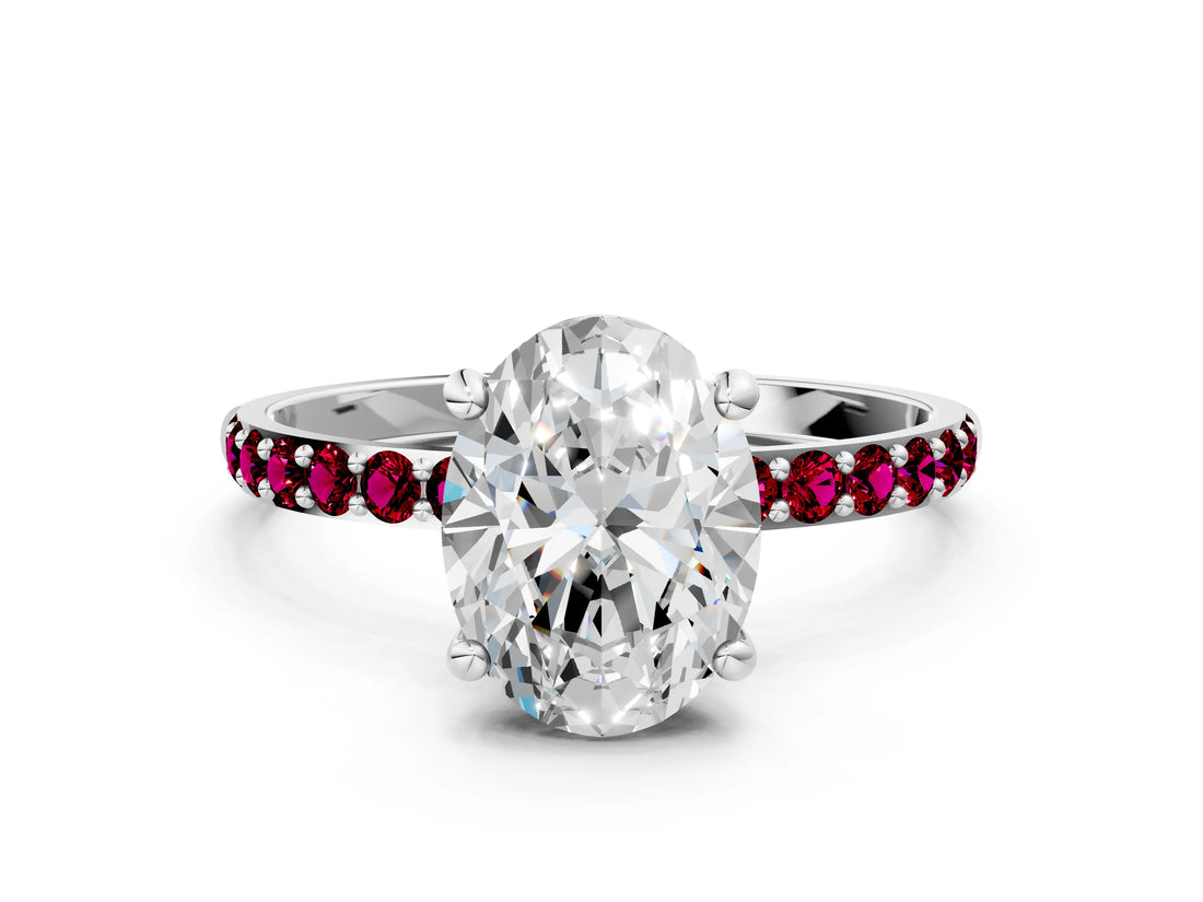 White gold Oval Cut Diamond Solitaire Ring with Round with Garnet side stone Pavé Band and Prong Setting_30