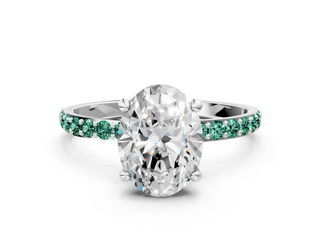 White gold Oval Cut Diamond Solitaire Ring with Round with Green Sapphire side stone Pavé Band and Prong Setting_24