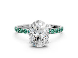 White gold Oval Cut Diamond Solitaire Ring with Round with Green Sapphire side stone Pavé Band and Prong Setting_24