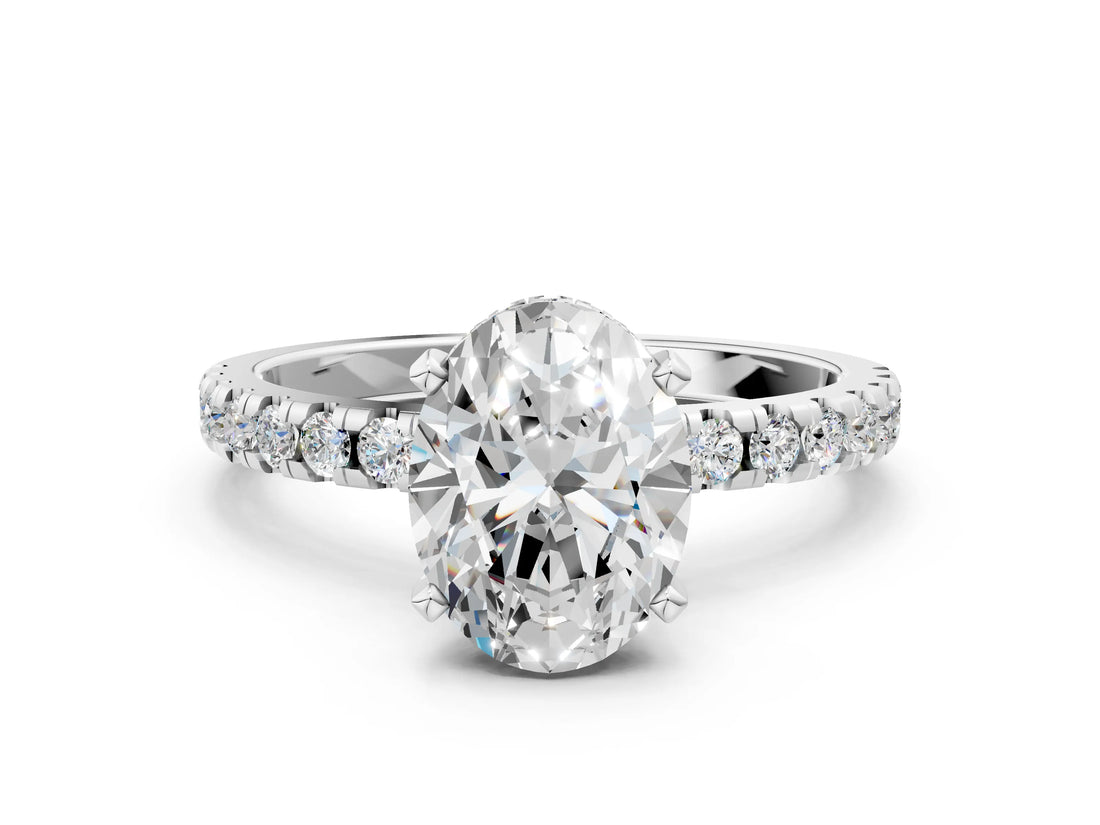 White gold Oval Cut Diamond Solitaire Ring with Round with Moissanite side stone Pavé Band and Four-Prong Setting_36