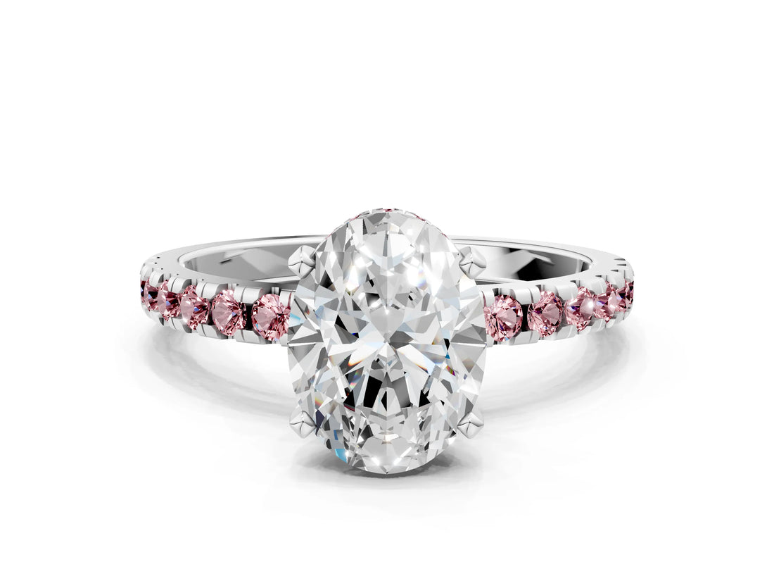 White gold Oval Cut Diamond Solitaire Ring with Round with Morganite side stone Pavé Band and Four-Prong Setting_12