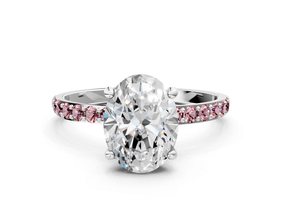White gold Oval Cut Diamond Solitaire Ring with Round with Morganite side stone Pavé Band and Prong Setting_12