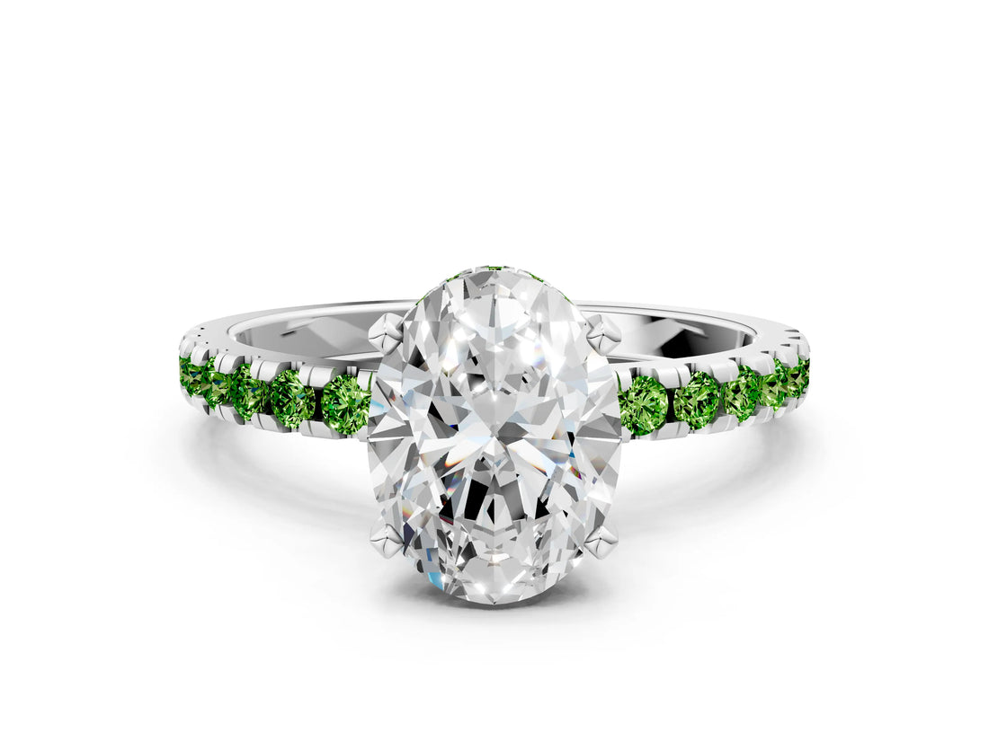 White gold Oval Cut Diamond Solitaire Ring with Round with Peridot side stone Pavé Band and Four-Prong Setting