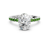 White gold Oval Cut Diamond Solitaire Ring with Round with Peridot side stone Pavé Band and Four-Prong Setting