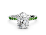 White gold Oval Cut Diamond Solitaire Ring with Round with Peridot side stone Pavé Band and Prong Setting