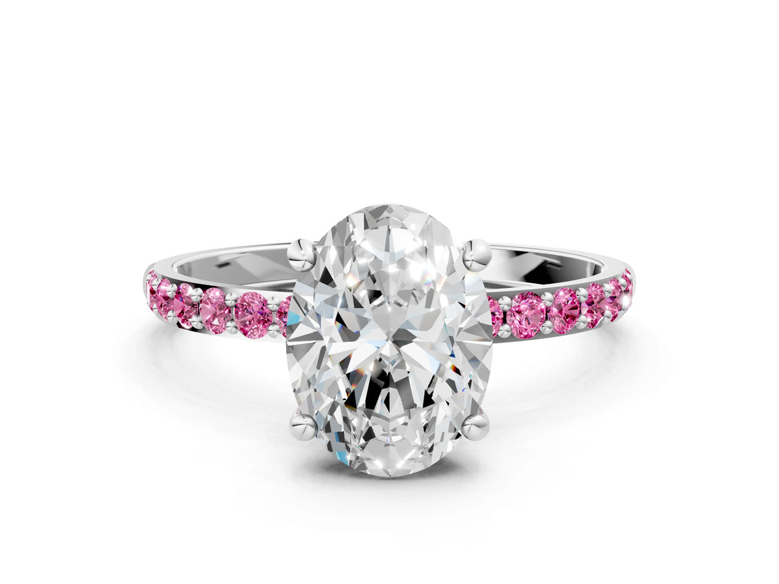 White gold Oval Cut Diamond Solitaire Ring with Round with Pink Sapphire side stone Pavé Band and Prong Setting_12