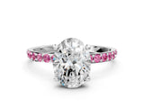 White gold Oval Cut Diamond Solitaire Ring with Round with Pink Sapphire side stone Pavé Band and Prong Setting_12