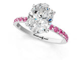White gold Oval Cut Diamond Solitaire Ring with Round with Pink Sapphire side stone Pavé Band and Prong Setting_13
