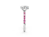 White gold Oval Cut Diamond Solitaire Ring with Round with Pink Sapphire side stone Pavé Band and Prong Setting_14