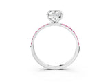 White gold Oval Cut Diamond Solitaire Ring with Round with Pink Sapphire side stone Pavé Band and Prong Setting_15