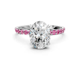 White gold Oval Cut Diamond Solitaire Ring with Round with Pink Sapphire side stone Pavé Band and Prong Setting_24