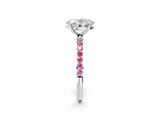 White gold Oval Cut Diamond Solitaire Ring with Round with Pink Sapphire side stone Pavé Band and Prong Setting_26