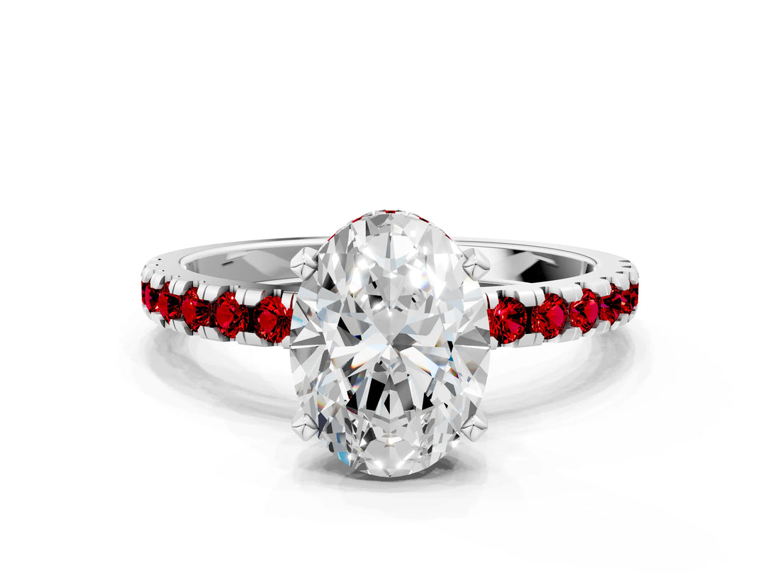 White gold Oval Cut Diamond Solitaire Ring with Round with Ruby side stone Pavé Band and Four-Prong Setting_12